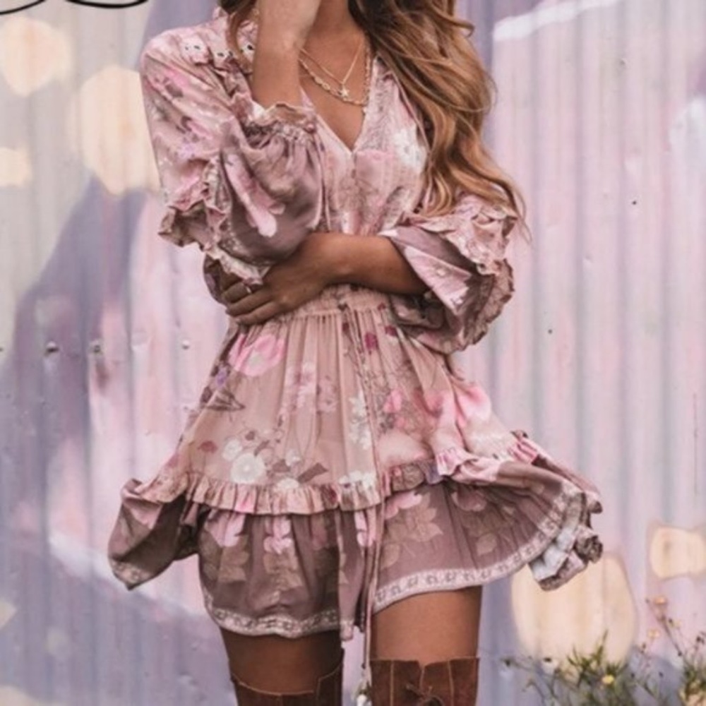 Boho Gypsy Floral Print Tassel Neck Tie Dress